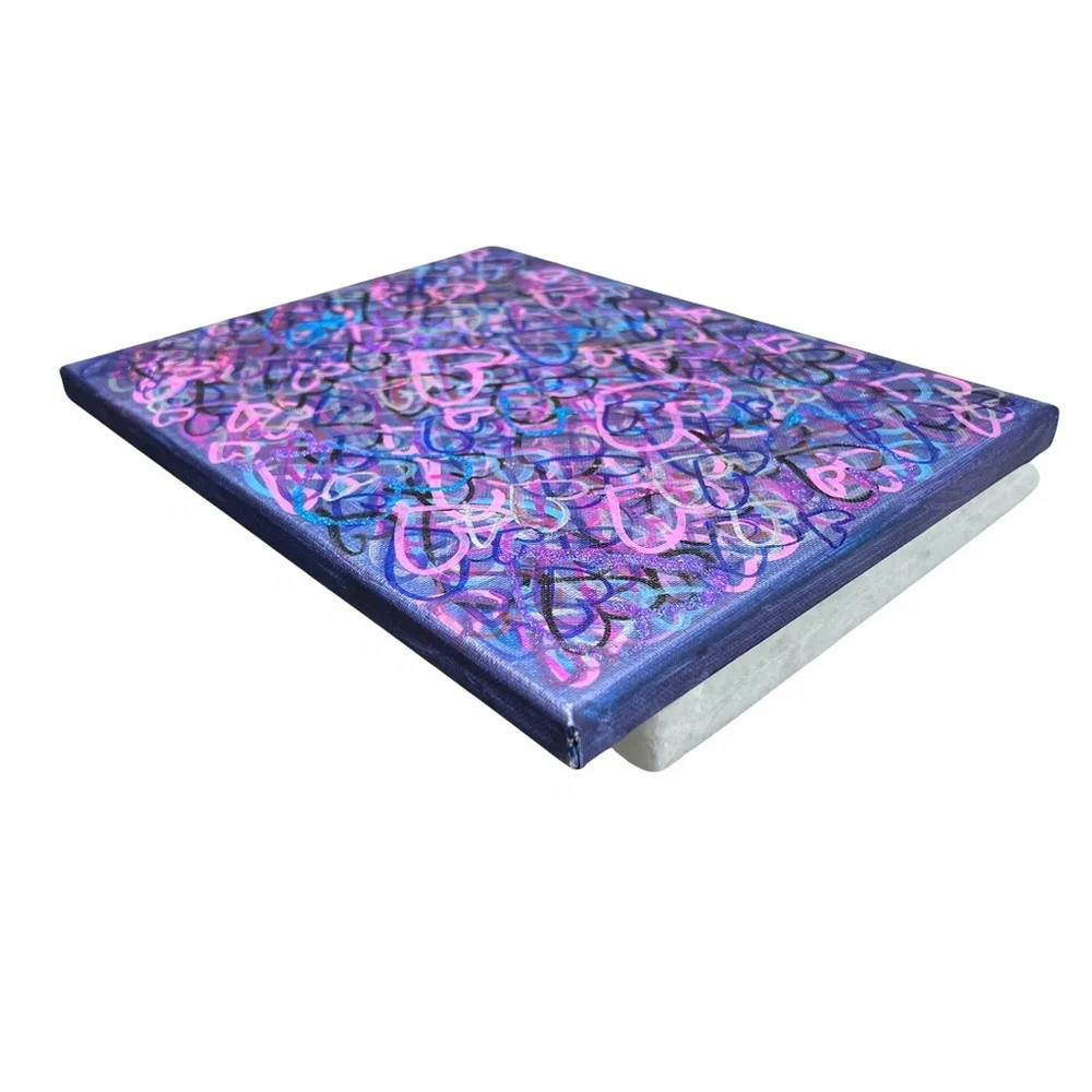 HANDCRAFTED MIXED MEDIA COLORFUL GRAFFITI HEARTS - SHADES OF PURPLE, BLUE & PINK